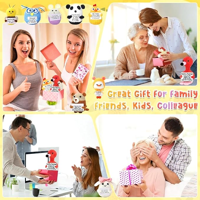 HunnmingRe 12 Pcs Cute Crochet Doll with Positive Card Soft Wool Animals Creative Knitting Dolls for Positive Support Inspirational Birthday Encouragement Gift(Animal Style)