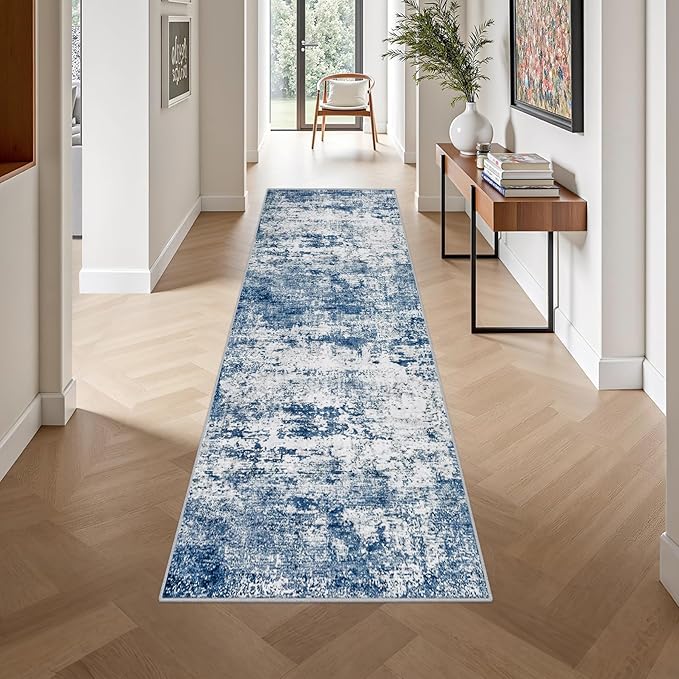 2.6'x10' Runner Rug Washable Rug: Modern Abstract Soft Thin Runner Rug Blue