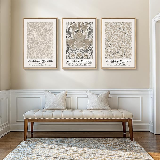 Framed Large William Morris Vintage Wall Art Set of 3, Large Neutral Botanical Floral Canvas Prints, Nature Rustic Boho Artwork for Living Room, Bedroom, Hallway or Office, 24x36 Inch