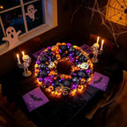 HipTree 13.8 Inch Halloween Ball Wreath for Front Door with Lights, Lighted Cute Treat-or-Trick Door Wreath Ball Ornament for Halloween Indoor Decorations Centerpiece Party Holiday Wall Home Decor