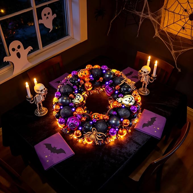 HipTree 13.8 Inch Halloween Ball Wreath for Front Door with Lights, Lighted Cute Treat-or-Trick Door Wreath Ball Ornament for Halloween Indoor Decorations Centerpiece Party Holiday Wall Home Decor