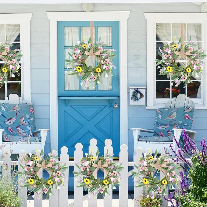8 Pcs 9" Mini Spring Summer Flowered Wreath Floral Wedding Candle Rings Wreaths Kitchen Cabinet Wreaths with Ribbon for Pillars Wedding Table Centerpiece Farmhouse Party Home Door All Seasons Decor