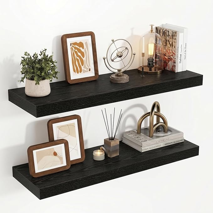 Acovy 32 Inch Floating Shelves, 3D Textured Wood Grain, 32"x9.25"x1.5" Inch Deep Floating Shelves for Wall, Wooden Shelves for Bathroom, Bedroom, Living Room, Black, 2 Pieces