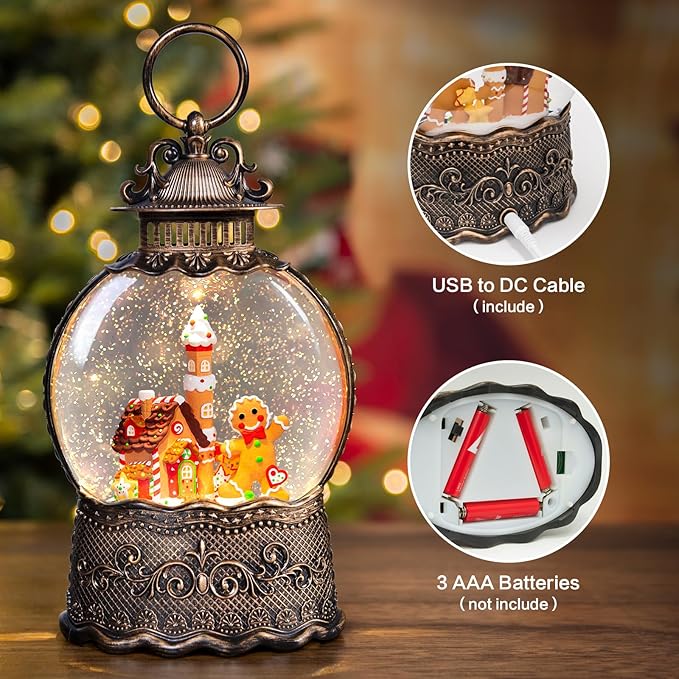 Christmas Snow Globes Lantern, Gingerbread Man Musical Snow Globes with Swirling Glitter Effects, USB/Battery Powered with 6-Hour Timer, Christmas Decorations