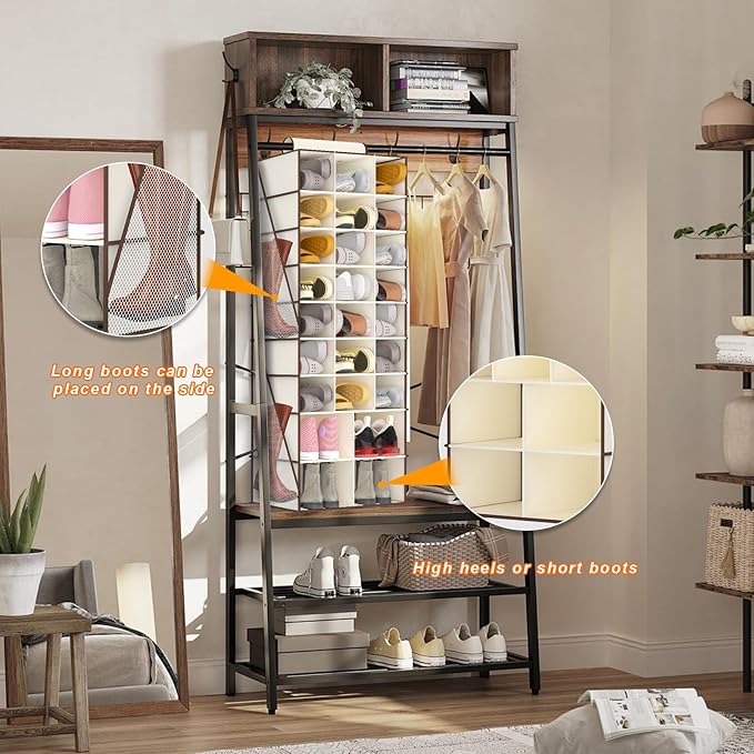 VERONLY Hanging Shoe Organizer for Closet-Collapsible Storage Rack with 25 Sections & 4 Side Pockets, Hanging Shoe Shelves for Hats,and Clothes, Beige