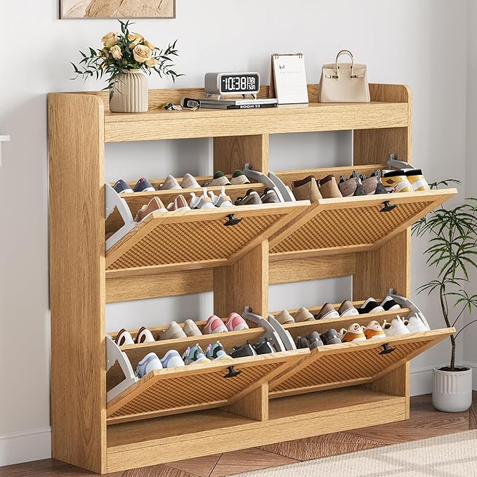 GarveeHome Shoe Cabinet Rattan with 4 Flip Drawers, Wooden Freestanding Shoe Organizer with Adjustable Shelves, Shoe Storage for Entryway, Closet, Hallway
