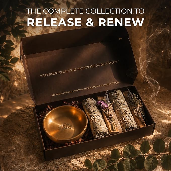 Anima Premium Energy Cleansing Set – White Sage Smudge Sticks, Palo Santo Sticks, Clear Quartz & Selenite Crystal with Smudge Bowl for Crystals & Home Cleansing, Meditation & Manifestation