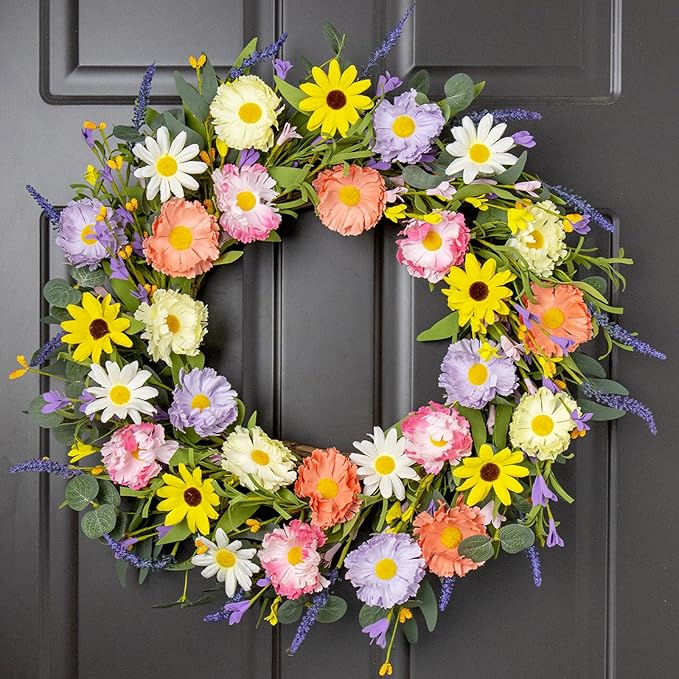 VioletEverGarden Spring Wreaths for Front Door 22 Inch Spring Wreath 6 Colors Summer Wreath with Lavender Daisy and Eucalyptus for Indoor Outdoor Holiday Celebration
