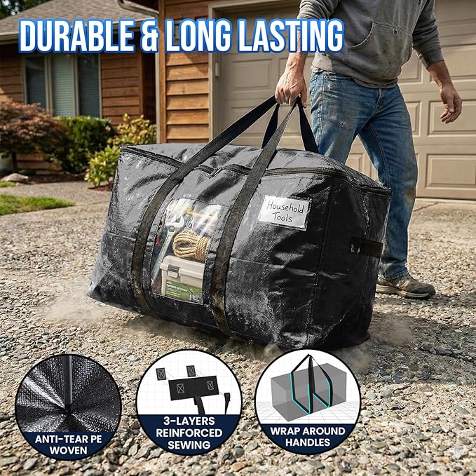 TAILI Extra Large Moving Bags, 10 Pack Black Heavy Duty Totes For Storage with Visible Window, Wrap Around Handles, Storage Bags for Space Saving, Alternative to Moving Boxes