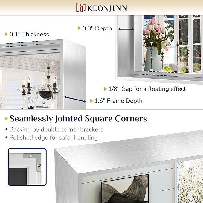Keonjinn 48 x 36 Inch Silver Bathroom Mirror for Over Sink Large Rectangle Wall Mirror Brushed Metal Framed Square Corner Vanity Mirror Wall Mounted Rectangular Farmhouse Mirror(Horizontal/Vertical)