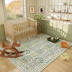 Light Green 5x7 Area Rug - Vintage Floral Washable Bedroom Rug for Living Room, Nursery, Dining Room - Low Pile, Non-Slip, Stain Resistant, Retro Indoor Floor Rug