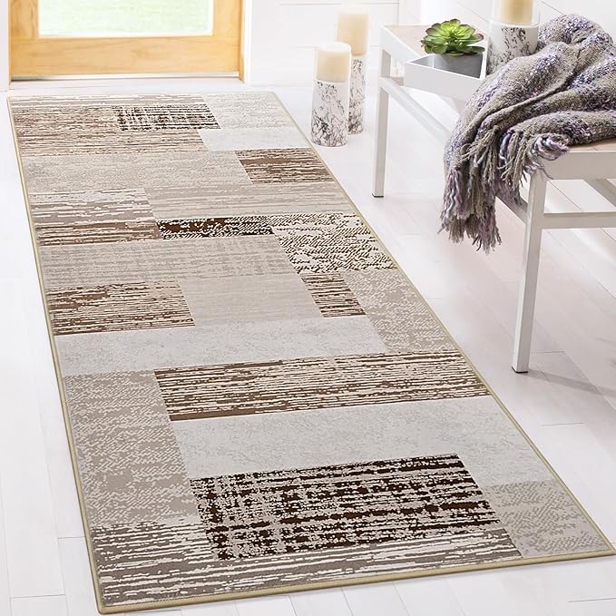 FlyDOIT Modern Geometric Patchwork Area Rug, 2x6 Beige Runner Rugs for Living Room, Rockwood Collection Indoor Rugs for Bedroom, Throw Carpet Floor Decor for Entryway Dining Room Office Nursery