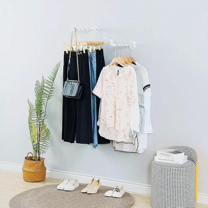 Industrial Wall Pipe Clothing Racks - Heavy Duty Metal Clothes Hanger with Hook, Wall-Mounted Garment Holder Racks,Wall Clothing Bar/Coat Hanging Rail/Hanging Rod for Closet Storage, 2 Pack, White