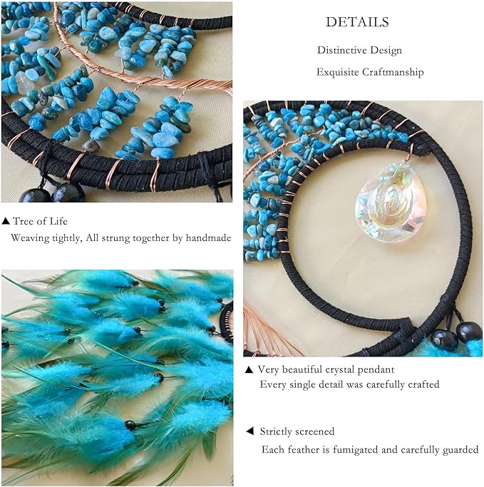 Blue Dream Catcher Wall Decor Tree of Life Dream Catchers with Crystal Pendant Handmade Feather Dreamcatcher Wall Hanging Ornament for Bedroom Living Room Home Decor