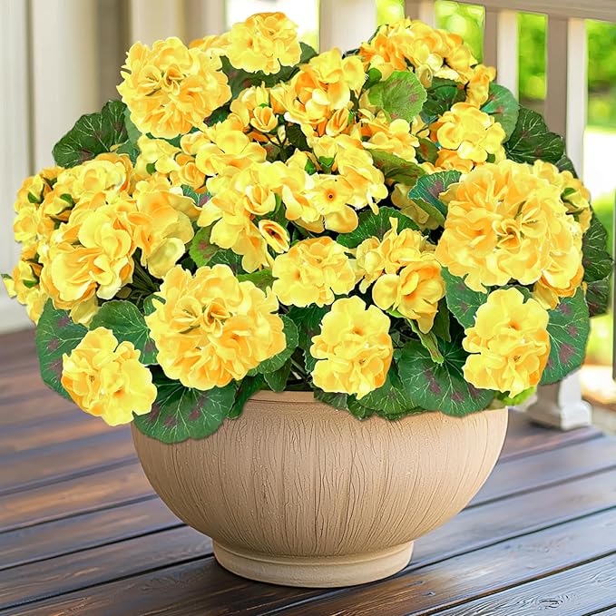 Artificial Geraniums Flowers for Outdoors Spring Decor, 4 Bundles UV Resistant Fake Geraniums Flowers Silk Faux Plants for Home Planter Gardens Table Patio Porch Indoor Cemetery Summer Decor(Yellow)