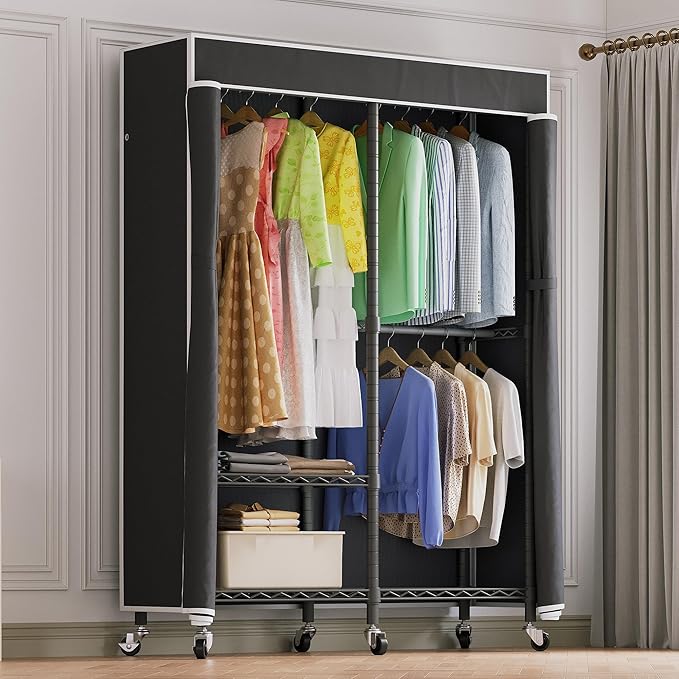H9 Garment Rack with Cover, Heavy Duty Clothing Rack for Hanging Clothes, Portable Closet with wheels, Wardrobe Closet with Adjustable Shelves, Black Rack Shelf with Black Fabric Cover