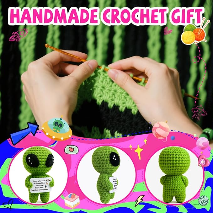MAMAGIFTREE Funny Birthday Gift for Women Men Coworker, Friend, Boss, Adult, Hilarious Gag Bday Crochet Alien with a Sarcastic Message Card, Office Decor for Her Him