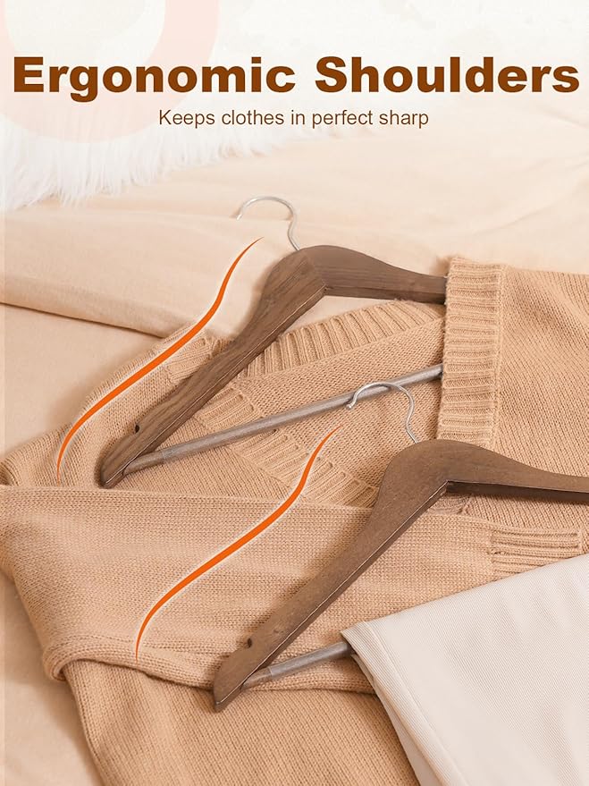HOUSE DAY Walnut Wooden Hangers 30 Pack, Heavy Duty Wooden Coat Hanger for Closet, Solid Wood Hanger with Non Slip Pant Bar, Smooth Finish Wood Clothes Hangers for Shirts, Suits Jackets, Dress