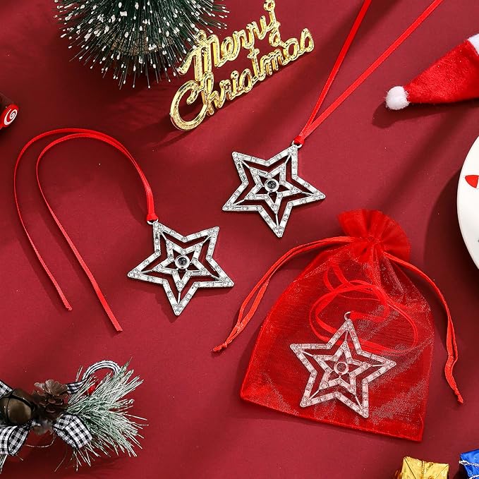 Set of 3 Christmas Hanging Ornaments - Silver Snowflake Star Pawprint Christmas Tree Decor for Xmas Tree Gift Decorative Hanging Ornaments Hanging Pendants (3, Silver Star)