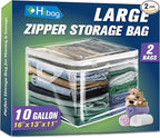 HIBAG 10 Gallon Large Storage Bag for Clothes, Zipper Clothing Storage Bag, Clear Organizer with Reinforced Handles, for Closet and Underbed Storage (2 Pack)