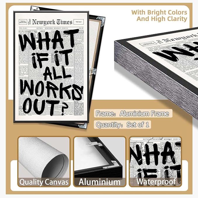 Retro Black And White Newspaper Poster What If It All Works Out Canvas Wall Art Positive Affirming Quote Minimalist Prints Painting For Home Bedroom Dorm Wall Decor 8x12in Framed