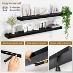 Fun Memories Floating Shelves 48 Inch, Extra Large Wood Shelf Set of 2, Hanging Wall Shelves for Bathroom, Living Room, Kitchen, Bedroom, Black