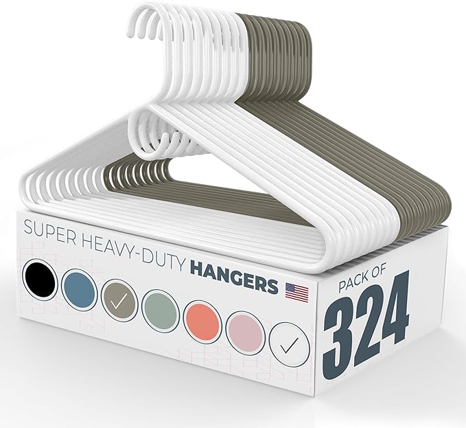 Neaties Super Heavy Duty Clothes Hangers 100+ Pack (324 Count) - Made in The USA - 10lb Capacity, Thick Plastic Hangers for Pants, Coats, Jackets, Jeans and Adult Clothing - White & Gray