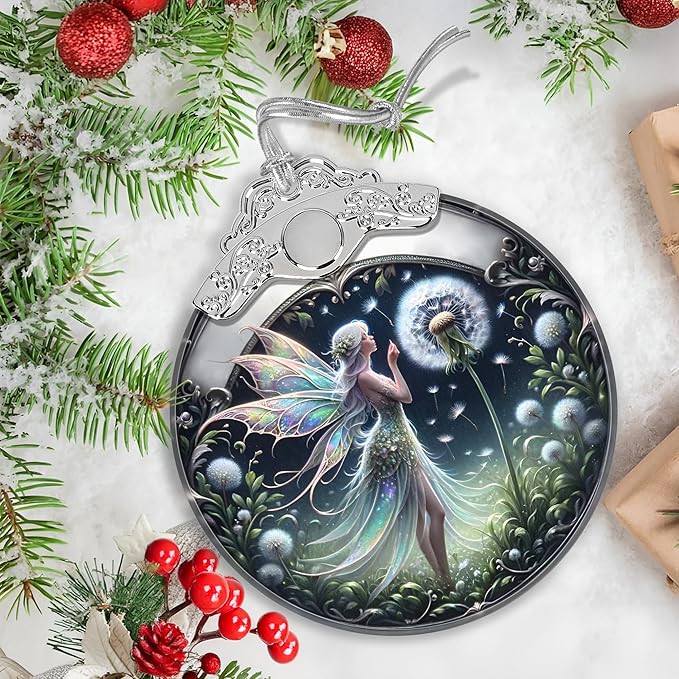 Stained Glass Dandelion Fairy Christmas Ornament - Holiday Home Decor - Tree Decoration - Gift Exchange Present Ideas