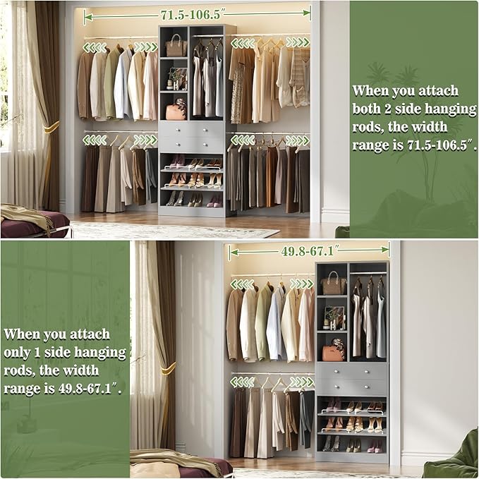 Closet System, 4.2–8.8 FT Closet Organizer with 2 Wooden Drawers and Shelves, Walk-in Closet System with 5 Hang Rods, Built-in Closet Tower, Can Fit 60 to 96 inch, Morandi Grey