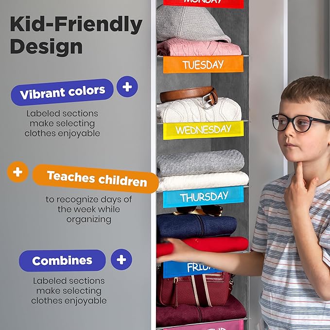 Handy Laundry Hanging Clothes Organizer for Kids - 6-Shelf Closet Daily Clothing Organization Labeled Shelves with Days of The Week Monday Through Friday, Weekday and Weekend (Grey-Colored)