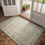 Washable 3x5 Entryway Rug, Boho Non-Slip Vintage Distress Small Rugs for Kitchen Nursery Office Bedroom, 0.3" Neutral Oriental Throw Thin Carpet with Cushioning Pad, Grey/Beige/Orange/Multi