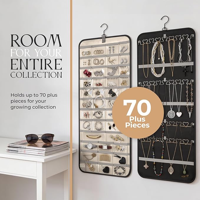 Hanging Jewelry Organizer Storage with Hanger Metal Hooks Double-Sided Jewelry Holder- Wall Mount Holder for Earrings, Necklaces, Rings on Closet, Wall, Door, 1 piece, Large, Charcoal Black