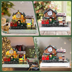 WONDER GARDEN Christmas Village Houses-Christmas Houses Village - Lighted Musical Railway Station Collectible Buildings with Moving Train for Home Indoor Decor or Gift