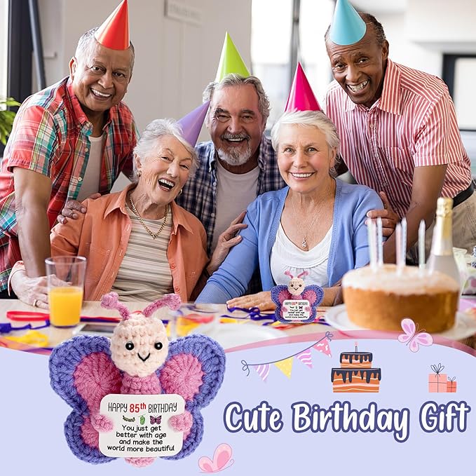 85th Birthday Gifts for Women, Tiny Crochet Butterfly Plush with Pink Purple Wings Holding Positive Note, Happy 85th Birthday Decoration & Gift for 85 Year Old Women