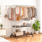 Luxspire Heavy Duty Clothes Rack Load 650 LBS, Double Rod Clothing Racks for Hanging Clothes, Rolling Garment Racks with Lockable Wheels, Shelves, Adjustable Laundry Hanging Rack, Silver