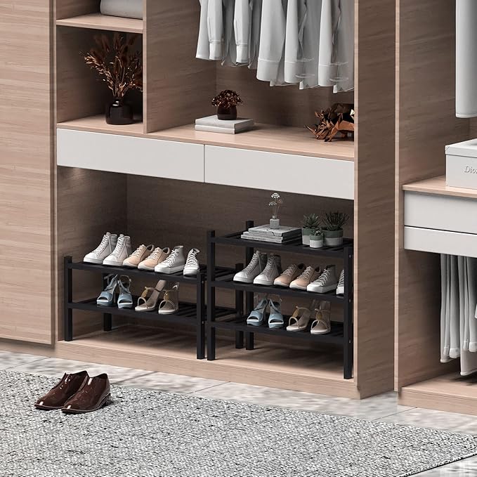 3 Tier (Thick) Bamboo Shoe Rack for Entryway, Small Wood Shoe Shelf Storage Organizer for Closet, Shoe Stand for Hallway, Stackable and Sturdy 27"x12"x21" Black