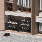 2 Tier (Thick) Bamboo Shoe Rack for Closet Free Standing Wood Shoe Shelf for Entryway Small Space Stackable 27"x12"x14" (Black)