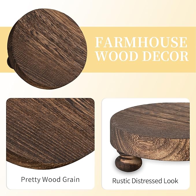 Romadedi Farmhouse Wood Riser for Display- 4 pcs Rustic Decor Mini Wooden Pedestal Decorative Round Tray for Home Table Bathroom Counter Shelf Kitchen, Brown