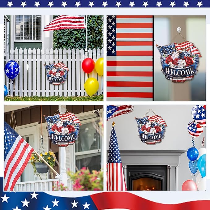 4th of July Decorations for Door: Fourth July Memorial Day Sign Patriotic Wreath Outdoor 12" Red White and Blue Decor Metal 250 Anniversary USA Large Wall Hanging Independence Vintage for Outside Indoor