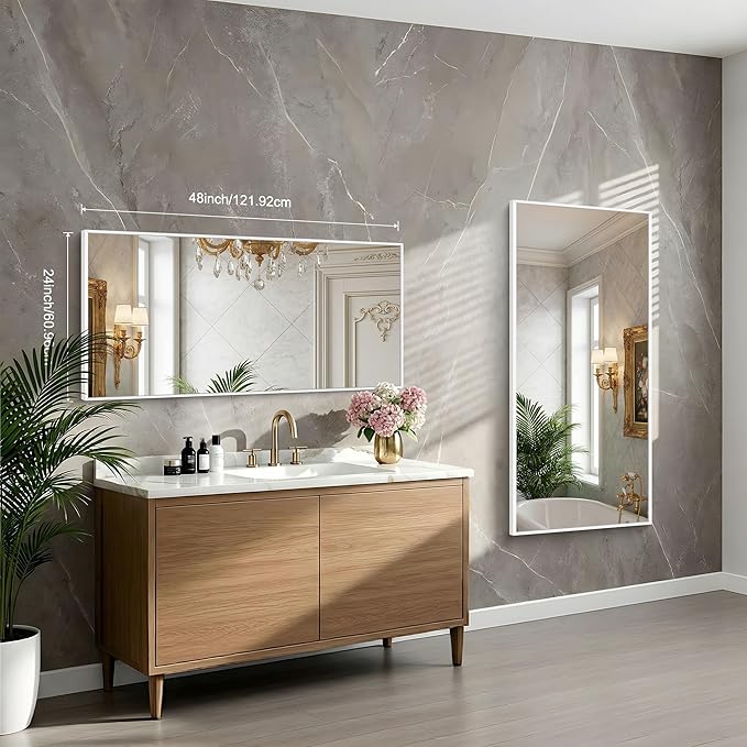 BONEWEI White Bathroom Mirror,24x48 inch Wall Mirror for Bathroom Wall Mounted,Rectangle Mirror for Bathroom Over Sink,Modern Metal Frame for Living Room,Bedroom Entryway,Horizontal/Vertical