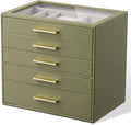 Jewelry Box Organizer Case for Women: 5-Layer Jewelry Storage Case with Glass Window, Olive Green Leather with Cream Velvet, Holder for Ring Necklace Bracelet Brooch Watch, Great Gift for Her