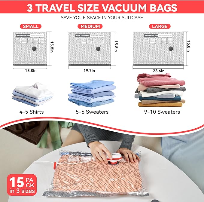 Vacuum Bags for Travel with USB and TYPE C Pump,vacuum seal travel bags,15 Pack Carry-on Size Compression Packing Bags for Luggage and Suitcase,Space Saver for Clothes and Clothing Travel（Red）