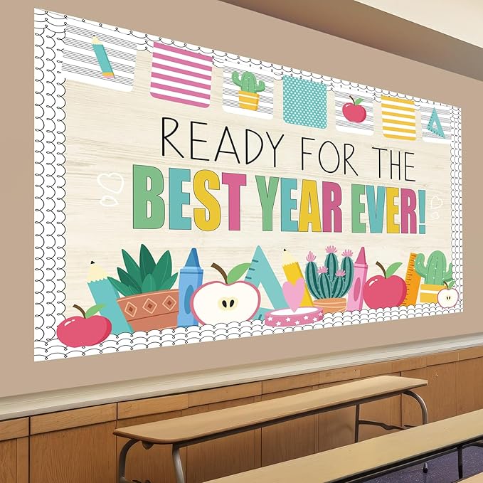 Pajean Ready for the Best Year Ever Bulletin Board Modern Back to School Classroom Decorations Apple Potted Ruler Pencil Paper Cutouts for Door Wall Chalkboard Decor First Day of School Supplies