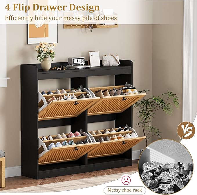 GarveeHome Shoe Cabinet Rattan with 4 Flip Drawers, Wooden Freestanding Shoe Organizer with Adjustable Shelves, Shoe Storage for Entryway, Closet, Hallway