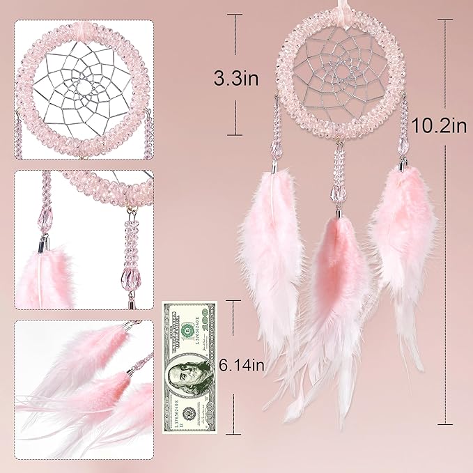 Luxury Dream Catchers - Light Pink Rooster Feather with Crystal Diamond, Handmade Small Dreamcatcher for Bedroom, A Dream Catcher for Girls, Dream Catchers for Boys, Dream Catcher Wall Decor