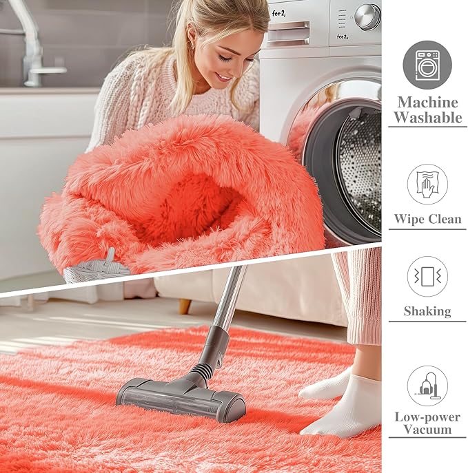 OLANLY 3x5 Machine Washable Small Bedside Rug, Soft Fluffy Shaggy Rugs for Living Room, Bedroom, Indoor Floor Carpet for Kids Girls and Boys, Preppy Dorms, Nursery, Home Decor Aesthetic, Coral Red