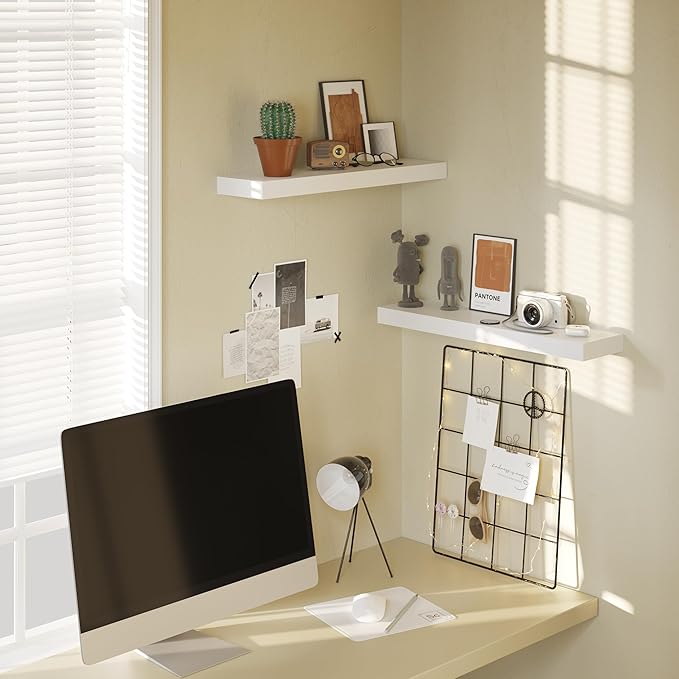 BAMEOS Floating Wall Shelves 24 x 6 Inch – Easy-Install Hanging Shelves with Hardware Included | Modern Decor Shelf for Bathroom, Bedroom & Living Room Storage, Set of 2, White