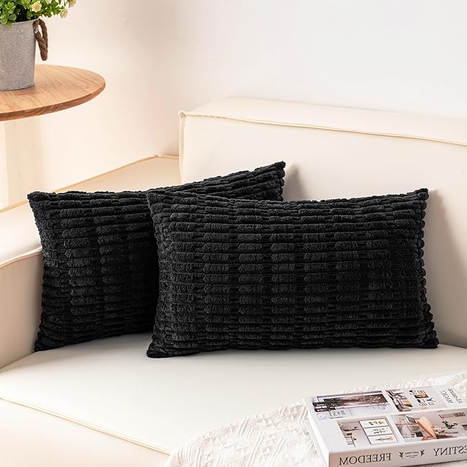 Aegero Pack of 2 Corduroy Decorative Throw Pillow Covers 12x20 Inch Soft Striped Pillow Covers Modern Farmhouse Home Decor for Sofa Living Room Couch Bed（Black）