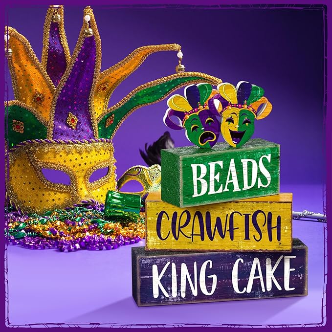 Moucuny 4 Pcs Mardi Gras Table Decorations Wooden Mask Decor Purple Golden Green Carnival Tiered Tray Decor Mardi Gras Centerpieces Decorative Masks Block Signs Gift for Masquerade Party Home Kitchen