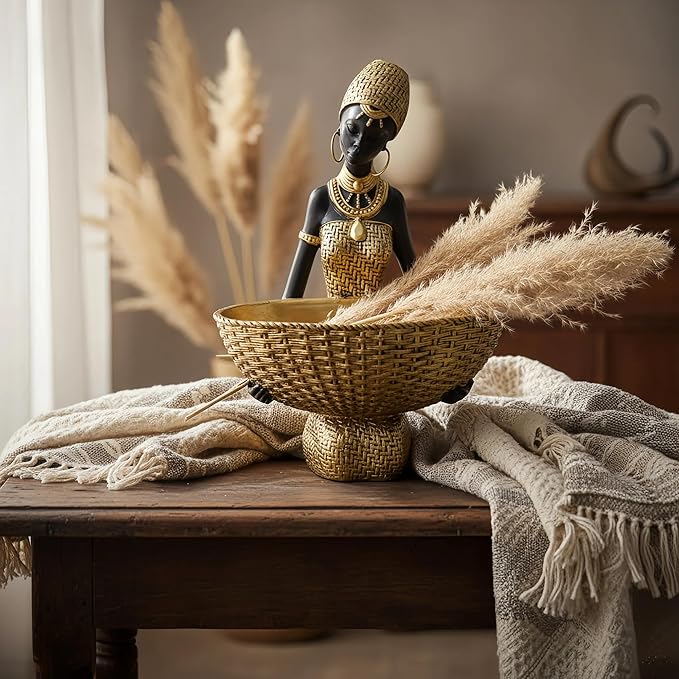 Lescafita Handmade African Seated Woman Sculpture - Gold Tribal Figure Holding Basket, Resin Home Decor for Shelf/Table, Unique Cultural Gift (9" H)